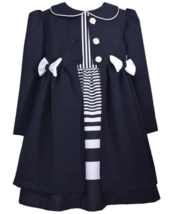 Baby Girls Striped Dress with Peter Pan Collar and Long Sleeved Poly Poplin Coat, 2 Piece Set Bonnie Baby