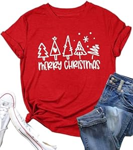 Christmas Tree Shirt for Women Merry Christmas Printed T-Shirts Short Sleeve Holiday Tee Xmas Gift Tops PECHAR