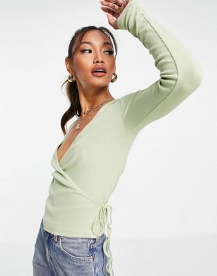 Envii Ally long sleeve v neck T-shirt in faded green Envii