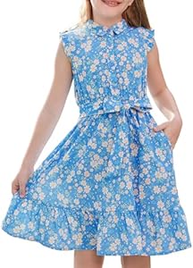 GRACE KARIN Girls Summer Dress Floral Print Midi Swing Polo Collar Ruffle Sleeve Bow Belt Kids Size 5-14 Grace Karin