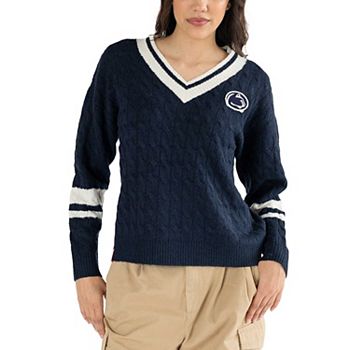 Women's Lusso Navy Penn State Nittany Lions Stella Cable Knit V-Neck Pullover Sweater Lusso