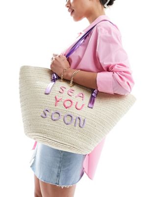 South Beach straw basket shoulder bag with embroidered detail  SOUTH BEACH