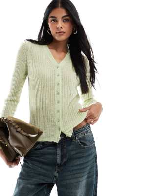 ASOS DESIGN high v neck fine gauge cardigan in sage ASOS DESIGN