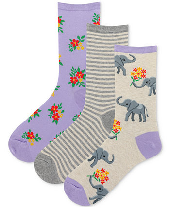 Women's 3-Pk. Elephant Bouquet Crew Socks Hot Sox