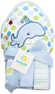 Spasilk Baby Bath Hooded Terry Towel with 3 Washcloths, Baby Bath Essentials, One Size, Blue Whale Spasilk