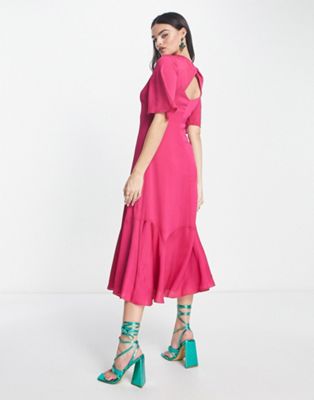 Ярко-розовое платье миди из чеканного атласа с развевающимися рукавами Whistles Whistles