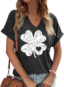 St Patricks Day V Neck Shirts for Women Lucky Irish Shamrock Clover Graphic Shirt Casual Short Sleeve T Shirt Tops PUCKOLITY