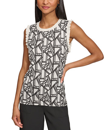 Women's Geometric-Print Mixed-Media Ruffle-Trim Sweater Karl Lagerfeld Paris