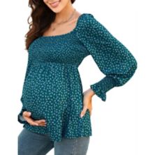 Women's Maternity Tops Square Neck Lantern Sleeve Smocked Babydoll Blouses MISSKY