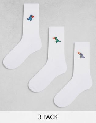 ASOS DESIGN 3 pack socks with dinosaur embroidery in white ASOS DESIGN