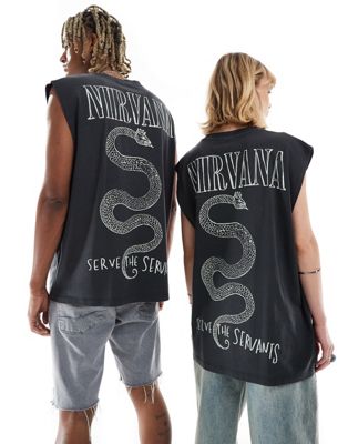 ASOS DESIGN unisex oversized licensed tank top in washed black with Nirvana graphic prints ASOS DESIGN