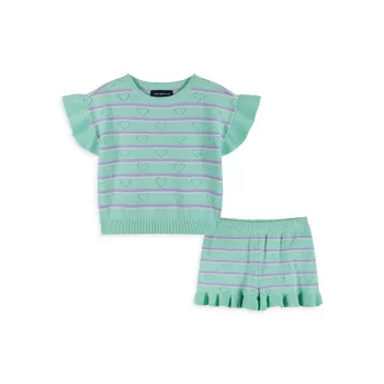 Little Girl's Heart Striped Knit Ruffled Top &amp; Shorts Set Andy & Evan