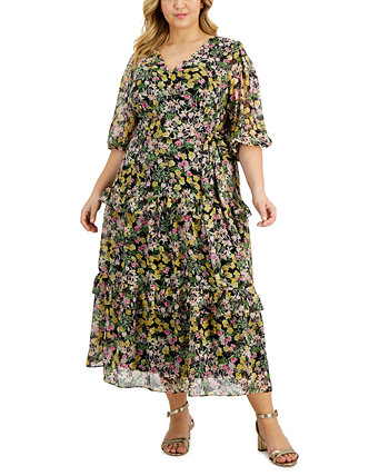 Plus Size Floral-Print Faux-Wrap Midi Dress Taylor