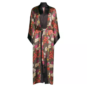 Agathe Belted Floral Silk Satin Long Robe JOSIE BY NATORI