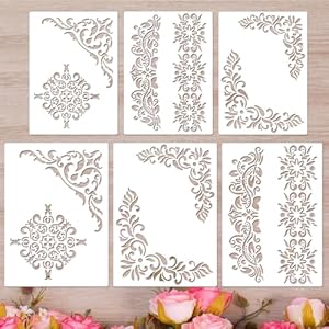 Corner Stencils for Painting, 6 Pcs Vintage Floral Border Stencil, Corner Paint Template, Reusable Damask Furniture Stencils for Wood Wall Canvas Paper Fabric Floor DIY Art Craft Abeillo