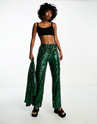 Изумрудно-зеленые широкие брюки карго с пайетками Extro & Vert — часть комплекта Extro & Vert