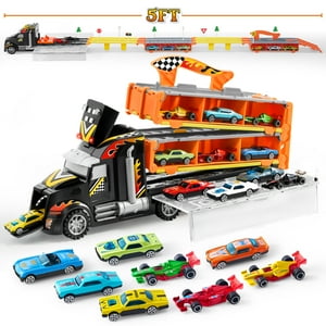 Syncfun Carrier Truck Toys for Kids, 5-FT Race Track and 12 Die-Cast Metal Toy Cars, Racing Car Toys with Lights & Sounds, Toy Truck Gift for Boys and Girls 2 3 4 5 Years Old SYNCFUN