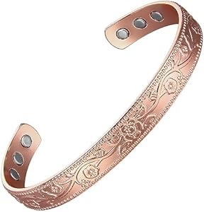 MagEnergy Copper Bracelets for Women, 99.9% Pure Copper Vintage Flower Magnetic Bangle with 3500 Gauss Magnets,6.8" Adjustable Cuff Jewelry Gift (2pcs) MagEnergy