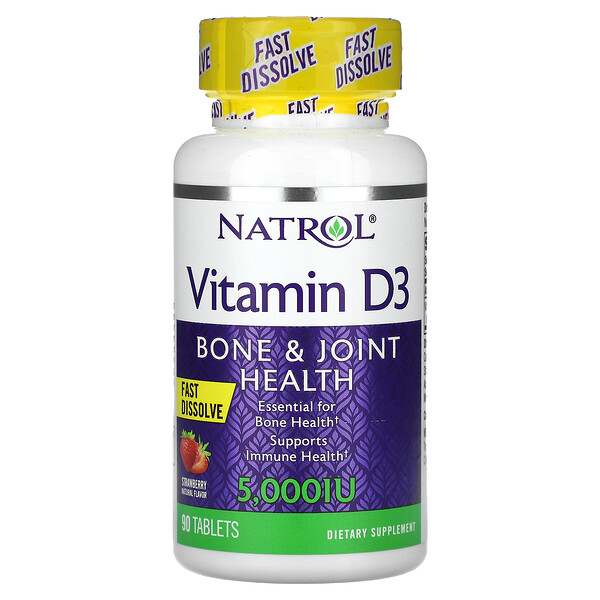 Витамин D3 для здоровья костей и суставов, со вкусом клубники - 5000 МЕ - 90 таблеток - Natrol Natrol
