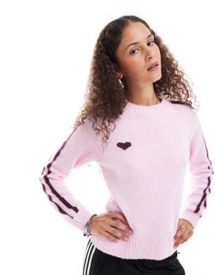 Monki knit raglan sleeve sweater in pink with burgundy contrast jacquard heart and stripe Monki