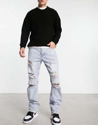 The Couture Club straight leg denim jeans in midwash blue with ripped knee detail The Couture Club
