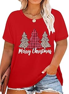 Women Plus Size Christmas Shirt Funny Merry Christmas Tree Short Sleeve T-Shirt Leopard Plaid Xmas Tree Tee Tops Chulianyouhuo