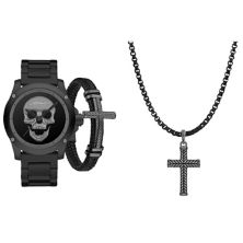 Ed Hardy Men's Black Metal Watch, Bracelet & Cross Necklace Gift Set Ed Hardy