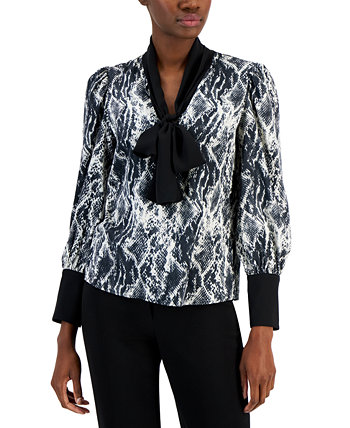 Женская атласная блузка с бантом и контрастной отделкой Anne Klein
