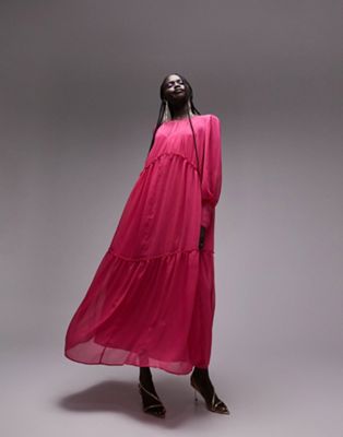 Яркое многоярусное розовое платье макси премиум-класса Topshop Topshop Petite