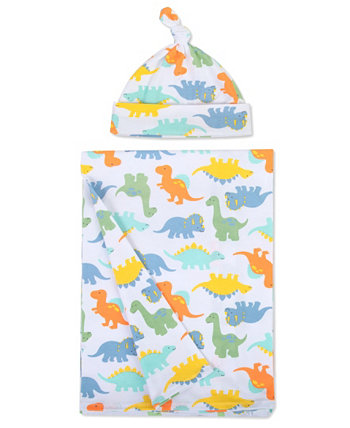 Baby Boys Soft Dinosaur Print Swaddle Wrap Blanket with Matching Hat, 2 Piece Set Baby Essentials