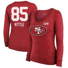 Женская футболка Majestic Threads George Kittle Scarlet San Francisco 49ers Super Bowl LVIII с надписью и номером, футболка Tri-Blend с длинными рукавами Majestic Threads