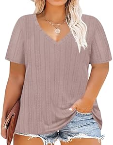 CARCOS Plus Size Tops for Women Short Sleeve Shirts Basic Tee Solid Color Blouse V Neck Tunic Loose Fit Tshirts Summer XL-5XL Carcos