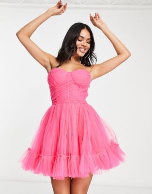 Lace & Beads exclusive wrapped corset tulle mini dress in pink LACE & BEADS