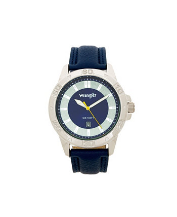Мужские часы, серебристый корпус 46 мм с тиснеными арабскими цифрами на безеле, синий циферблат с солнечными лучами, серебряные маркеры, аналоговый, синий ремешок Wrangler
