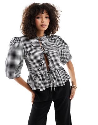 ASOS DESIGN cotton poplin tie front peplum blouse in black gingham ASOS DESIGN