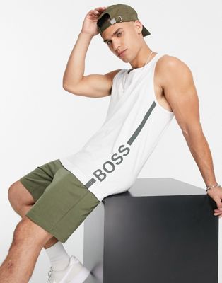 BOSS Bodywear Beach tank top with vertical logo in white BOSS Bodywear