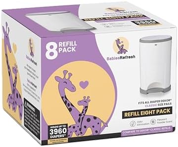 Refills Compatible with DEKOR CLASSIC Diaper Pail Refills | 4 Pack | Diaper Pail Odor Eliminator| Fresh Powder Scent | Each Diaper Bag Refill Holds up to 1980 Diapers | Diaper bin refill BabiesRefresh