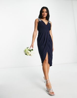 TFNC Bridesmaid wrap front chiffon maxi dress with embellished shoulder detail in navy TFNC