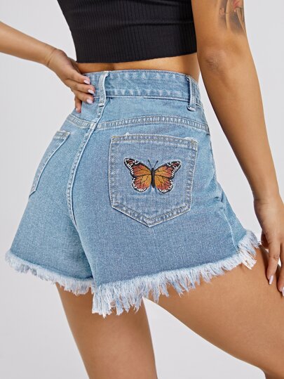 Джинсовые шорты с вышивкой бабочки SHEIN