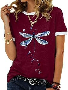 Women's Graphic Tees Casual Summer Funny Dragonfly Printed Short Sleeve Cute T Shirts Tops JNIFULI