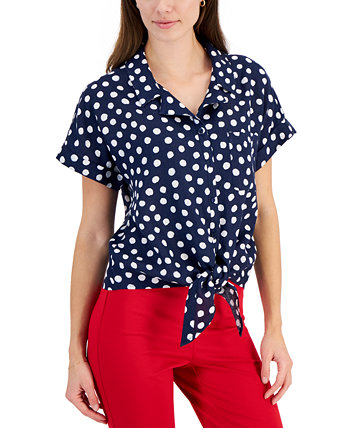 Женская рубашка с завязкой спереди с принтом Carrie в горошек из 100% льна, созданная для Macy's Charter Club
