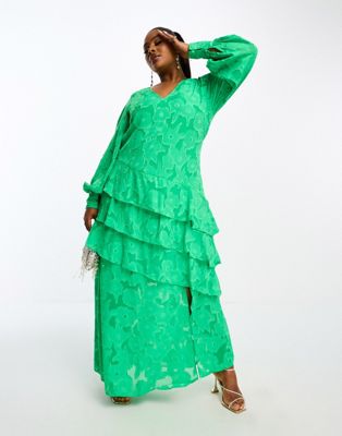 Асимметричное макси платье Pretty Lavish Curve с оборками в зеленом цвете Pretty Lavish