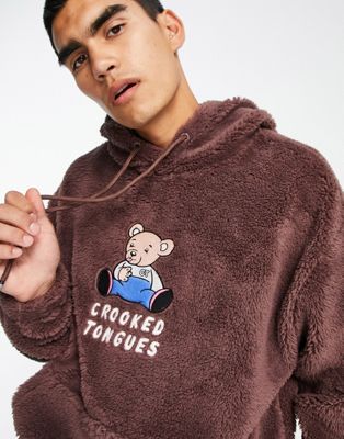 Crooked Tongues oversized hoodie in teddy borg with bear applique in brown Crooked Tongues