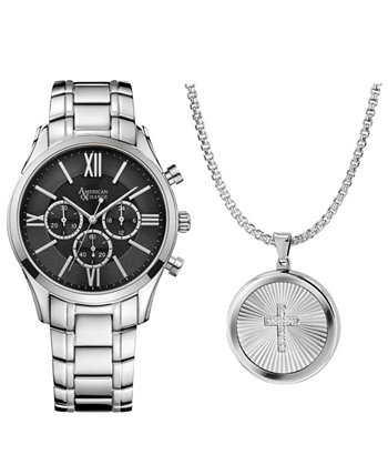 Подарочный набор мужских серебристых часов с браслетом 43 мм American Exchange