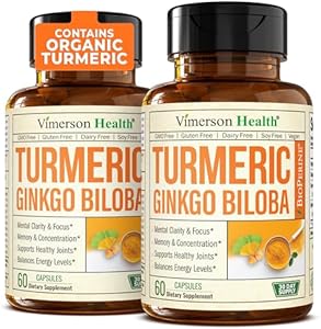 Turmeric Curcumin & Ginkgo Biloba Supplements with Bioperine Black Pepper - Vegan Joint Support Supplement with Organic Tumeric - Aids Brain Clarity, Focus, Memory, and Concentration. 60 Capsules (Капсулы) Vimerson Health