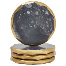 4 Pack Polished Fossil Stone Coasters with Gold Edge Trim, Housewarming Gifts for New Home (4 In) Juvale