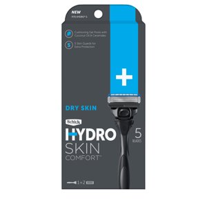 Schick Hydro 5-Blade Skin Comfort Dry Skin Men's Razor Handle Plus 2 Razor Cartridge Refills, Moisturizes For Up To 2 Hours After Shave, Designed For Shaving Dry Skin Schick