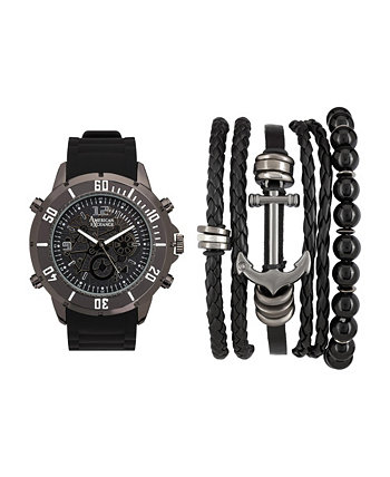 Мужские блестящие черные аналоговые кварцевые часы и складной подарочный набор American Exchange