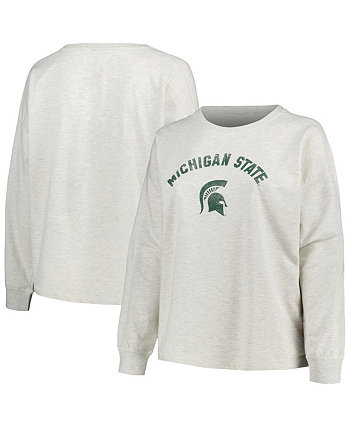 Women's Oatmeal Michigan State Spartans Plus Size Distressed Arch Over Logo Neutral Boxy Pullover Sweatshirt Profile