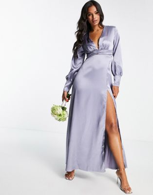 Blume Bridal satin plunge front maxi dress with wrap skirt in gray blue Blume Bridal